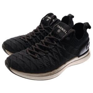 Chanel Coco Mark Knit Fabric Low Cut Sneakers Black White 35 G35549